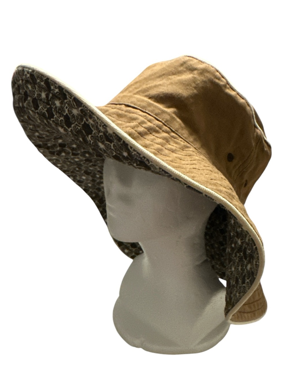 Wide Brim Reversible Sun Hat - Tan and Floral on Dk Brown OS
